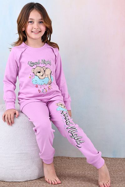KAPİKİDS Soft 100% Cotton Natural All Seasons Quality Girl's Pajamas with Teddy Bear