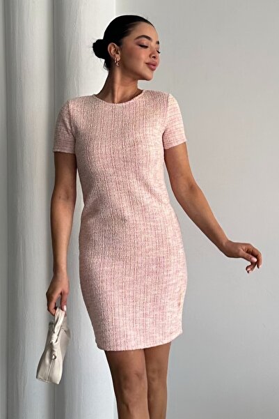 MODAGEN Γυναικείο κοντομάνικο ροζ φόρεμα με λαιμόκοψη