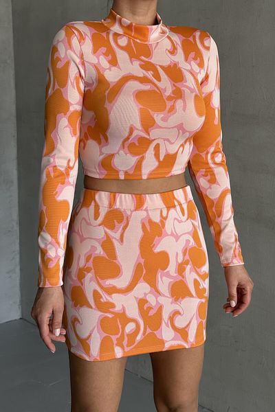 MODAGEN Women's Half Turtleneck Long Sleeve Patterned Bottom-Top Skirt Set