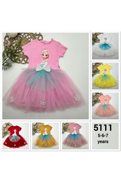 DEFNADA 5-6-7 Years Old Elsa Patterned Bow Tulle Skirt Lined Short Sleeve Girl's Tutu Dress