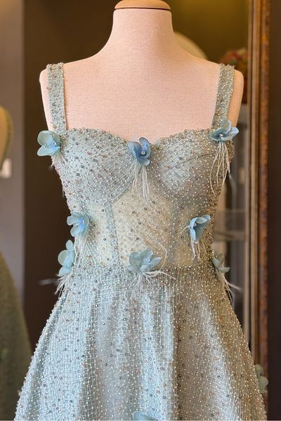 Lenta Moda Midi Evening Dress and Evening Dress with Water Green Beaded Lace Covering and Three-Dimensional Flower Detail