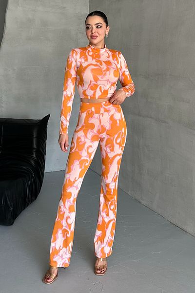 MODAGEN Women's Half Turtleneck Long Sleeve Print Bottom-Top Trousers Set