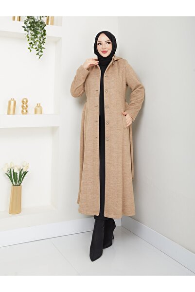 Doque Kışlık Kadın Kaban Yünlü Kalın Kaşe Düğmeli Kapşonlu 57050