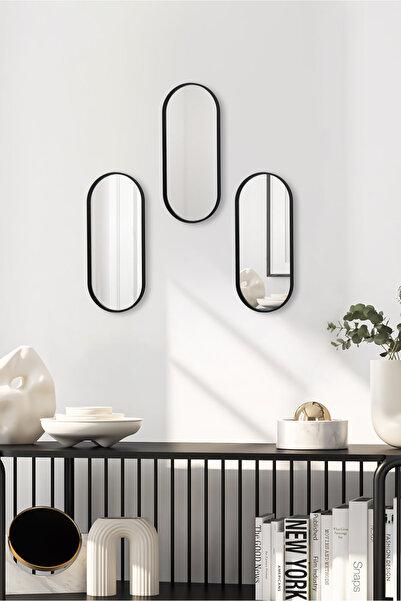 Leila 3'lü Oval Ayna Duvar Aksesuarı - Sunumluk (Çok amaçlı) Siyah 12x30 cm