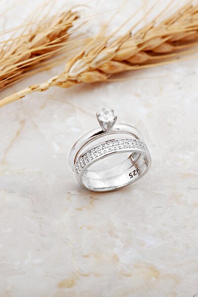 Sümer Telkari Rodyumlu Gümüş Tektaş Ve Alyans Yüzük Kombini 5942