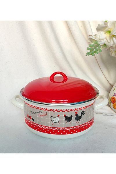 EBRULİEMAYE Chicken Enamel Oblate Pot 4.9 Liters 26 cm Diameter Milk Yogurt Soup Pot