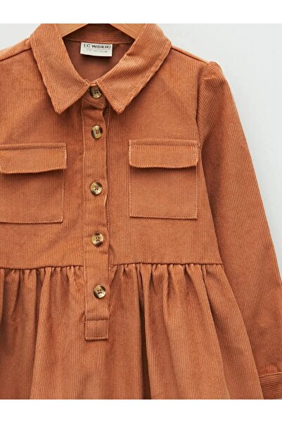 LC Waikiki LCW Kids Kahverengi Gömlek Yaka Basic Uzun Kollu Kadife Kız Çocuk Elbise
