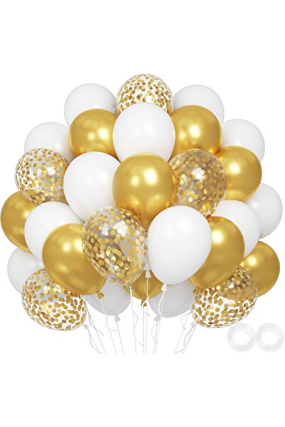 Home Zone 60 pcs 12 inch Metallic Gold White Balloons with Confetti Balloons