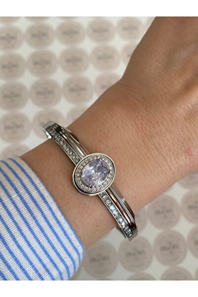 Pinery Jewels İri Taşlı Gümüş Modern Paslanmaz Çelik Kelepçe Bileklik Günlük ...