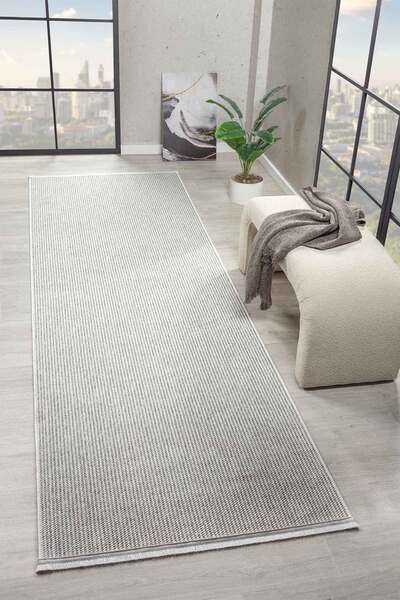 Mariesse Home Naturel Bukleli Yumuşak Dokulu Beyaz Gri Iskandinav Koridor Kesme Yolluk Dokuma Halı