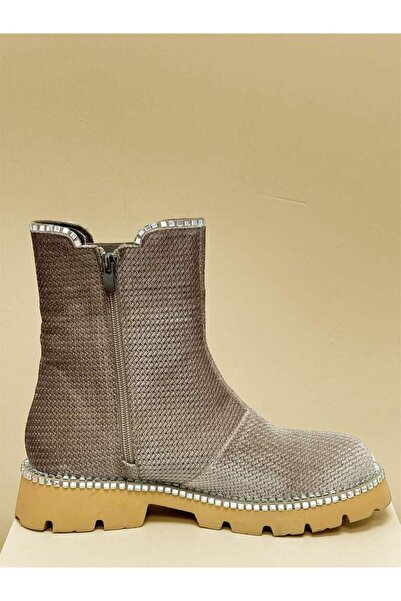 lescarpe 7023 VİZON KADİFE TAŞ BOT KADIN AYAKKABI
