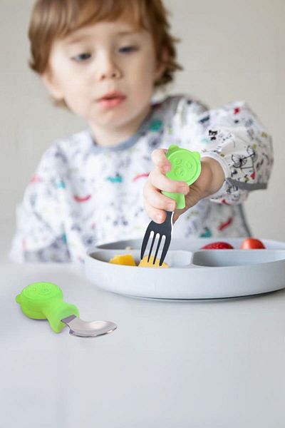 Chavin 304 Steel Green Teddy Bear Model Baby Spoon and Fork Set Cin766Ys