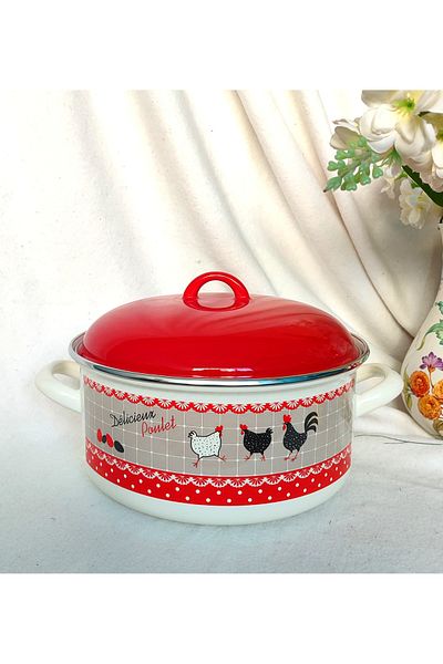 EBRULİEMAYE Chicken Enamel Oblate Pot 4.9 Liters 26 cm Diameter Milk Yogurt Soup Pot