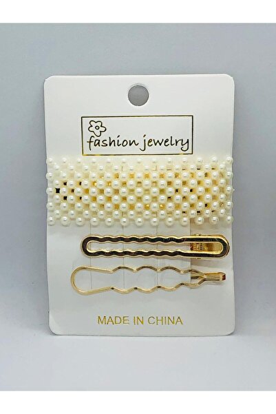 İnDerin Set de 3 agrafe de păr cu perle de culoare aurie - Accesoriu cu închidere rapidă