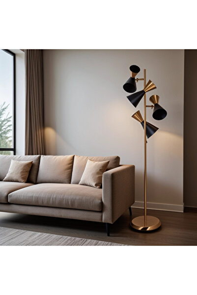 Vinner Arke Eskitme Kaplama Siyah Detaylı Metal Oynar Başlıklı Tek Ayaklı Lambader, Salon Lambader