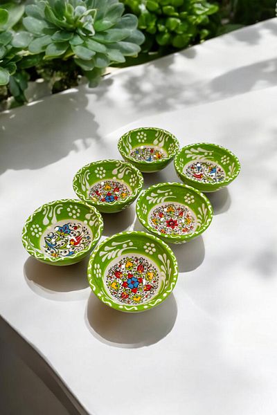 Salizera Handmade Kutahya Authentic Patterned Tile Ceramic Bowl Set (8cm - 6 Pieces) -Dustpan Jam Bowl