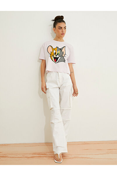 Koton Tricou Crop cu licență Tom și Jerry - mânecă scurtă, decolteu