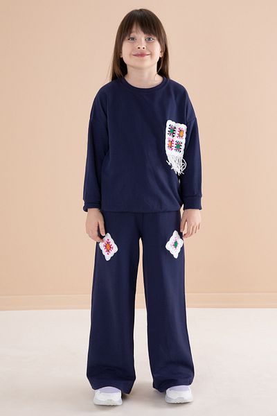 Cansın Mini Set de trening pentru fete, albastru bleumarin, cu buzunar din dantela, cu decolteu, 20147