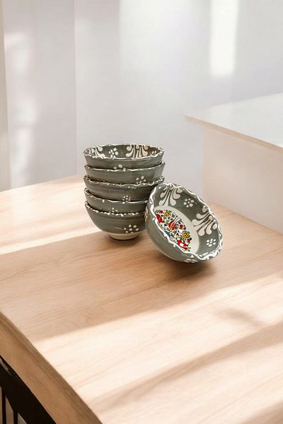 Salizera Handmade Kutahya Authentic Patterned Tile Ceramic Bowl Set (8cm - 6 Pieces) -Dustpan Jam Bowl