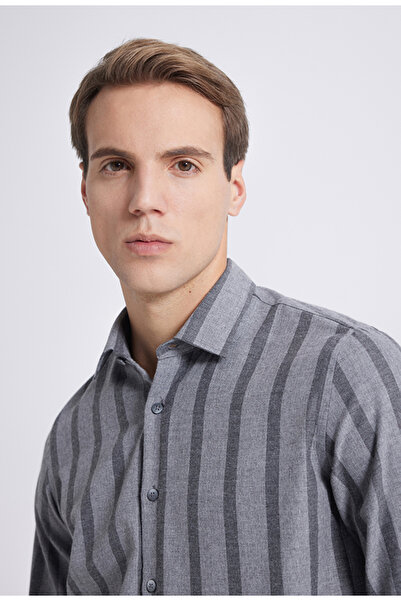 D'S Damat Ds Damat Slim Fit Gri Çizgili Gömlek