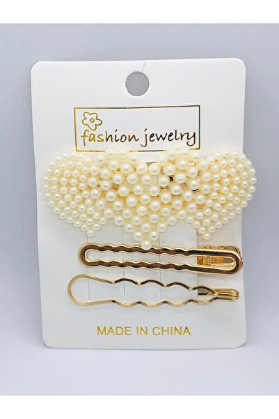 İnDerin Set de 3 agrafe de păr cu perle de culoare aurie - Accesoriu cu închi...