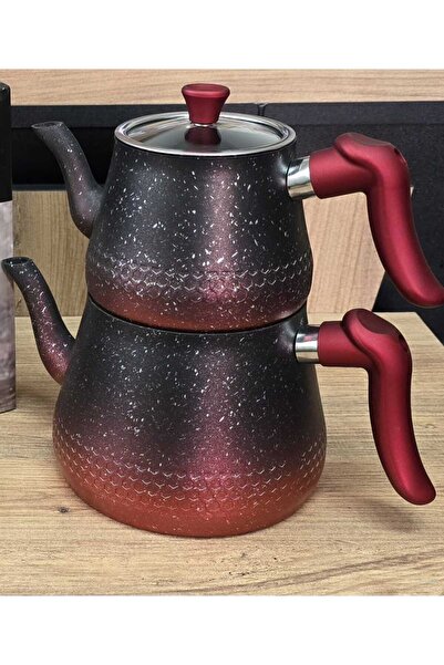 Yıldız çelik Aldora bakalit kulp çift renk kırmızı granit çaydanlık