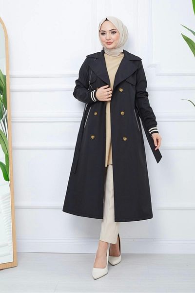 Nevayla Moda Bondit Fabric Ribbed Long Trench Coat / Μαύρο - M0110