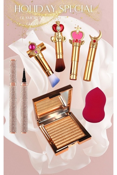 EDA LUXURY BEAUTY 7'li Özel Lüks Güzellik Seti Işıltılı Aydınlatıcı Likit Eyeliner Süslü Makyaj Fırçaları & Süngeri