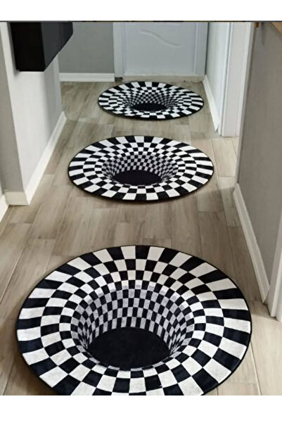 PRINTOPIA 3D Çukur Görünümlü Siyah Beyaz Soyut Desenli Salon Halısı