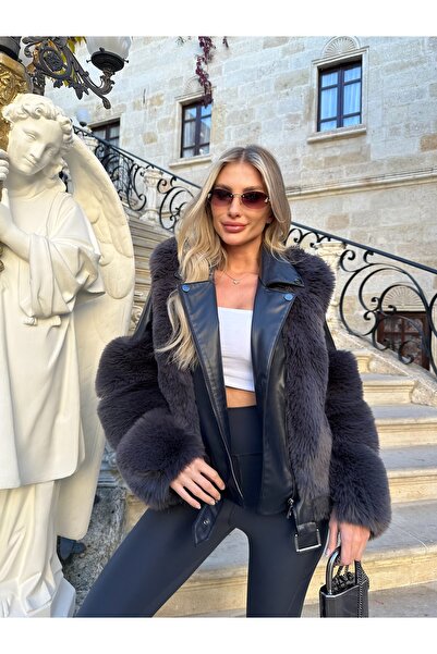 ByRanaBuyuk Antrasit Kısa Kürk Kaban