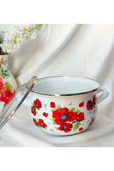 EBRULİEMAYE Gelincik Enamel Deep Pot 4.8 Liter 24 cm Diameter Milk Yogurt Soup Pot