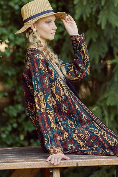 Namaste Vintage Ethnic Long Winter Cardigan with Kilim Pattern (L/Xl- 100 cm)
