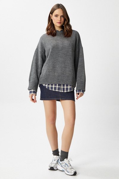 Ritnice Pntrst Antrasit Bisiklet Yaka Oversize Triko Kazak