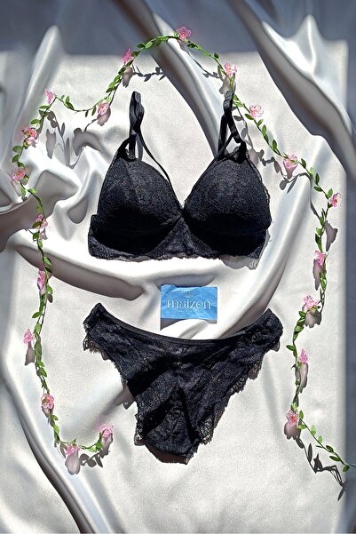 MAİZEN Γυναικείο Σετ σουτιέν χωρίς γέμιση 2 τεμαχίων πράσινο μαύρο δαντελένιο καλυμμένο σουτιέν