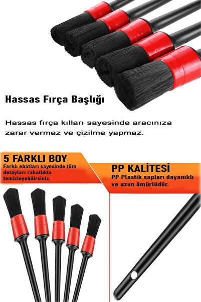 Single Oto Detay Fırçası Seti 5'li Kaliteli Detaylı Farklı Boyutlar, Premium Seri 5Li Araba Fırçası