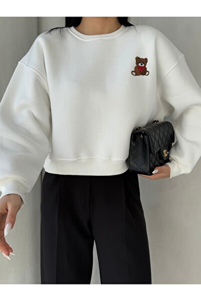 Ekim Store Ayıcık Nakış Teddy Şardonlu Crop Sweatshirt