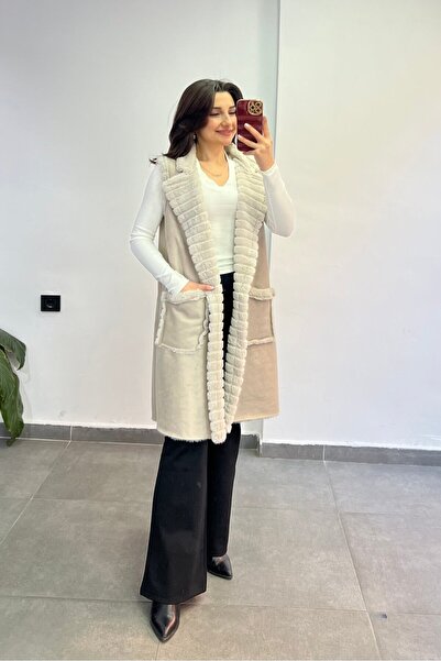 bydenizcollection Nubuck Fabric Long Vest with Fur Inside Pocket Detail