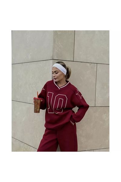 Bade Design V-Neck Three Thread Sweat Set - Burgundy