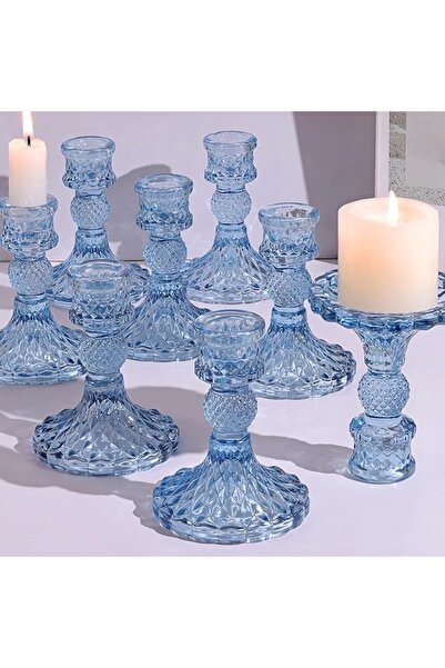 Home Zone Set of 6 Glass Candlestick Holders Blue Diamond Taper Candle Holders