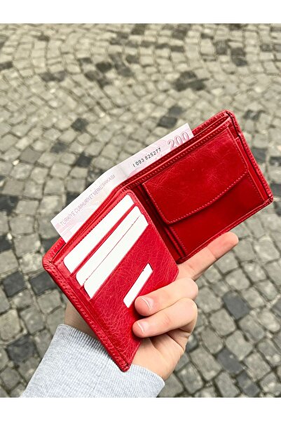 Vintage Deri Livius Model Cüzdan Kırmızı Renk