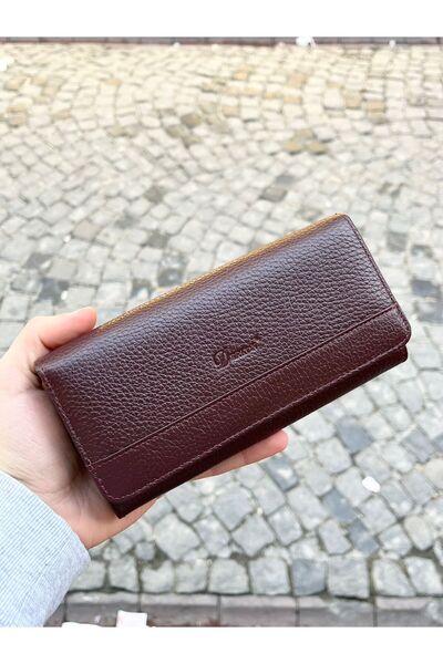 Hakiki Deri Kadın Cüzdanı Poena Model Bordo Renk/Hediye Kutulu
