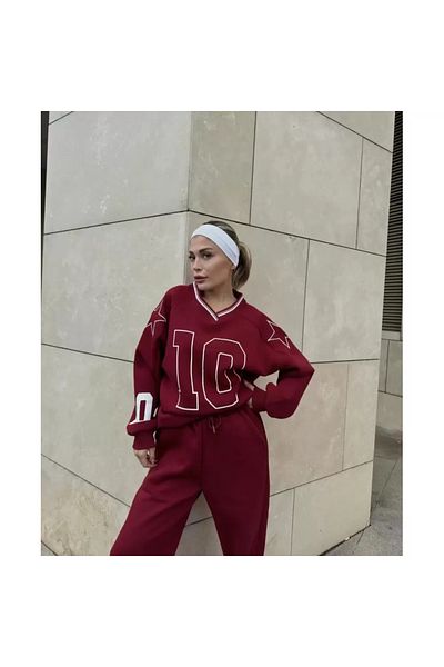 Bade Design V-Neck Three Thread Sweat Set - Burgundy