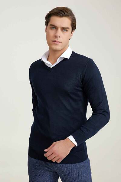 D'S Damat Ds Damat Regular Fit Navy Blue Plain Knit Sweater