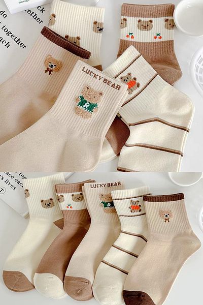 BGK 5 Pairs Bear Patterned Women's Socks