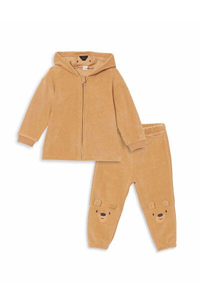 LC Waikiki LCW baby Kahverengi Bisiklet Yaka Nakışlı Erkek Bebek Hırka ve Eşo...