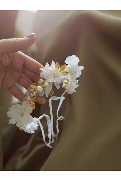 Eva Flore Puerperal Crown with Pearls and Flowers - New Birth Crown - Bridal Hoop Crown
