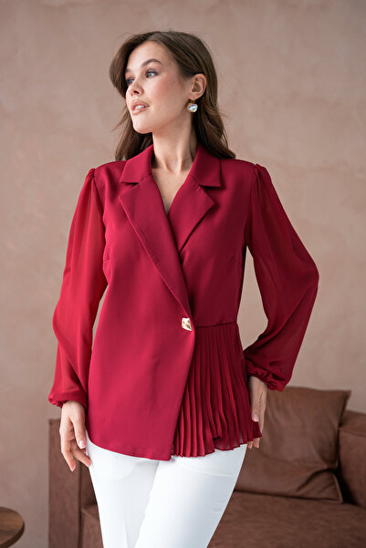 ZISHAN Piliseli Kadın Ceket Metal Düğme Detaylı Kolları Tül Şık ve Modern Tas...