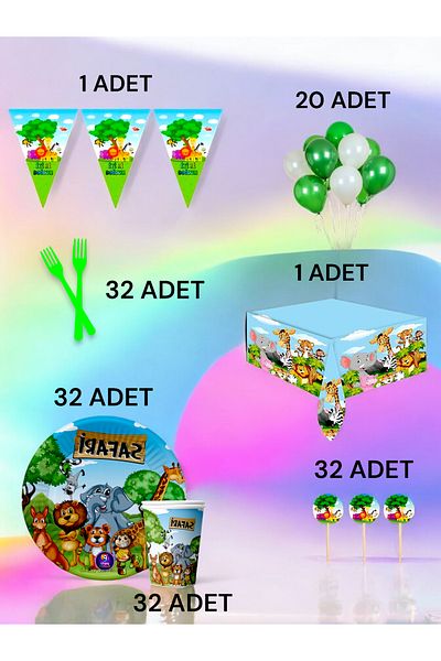 VibeHome Safari Themed L Pack for 32 - Birthday Party and Fun Events
