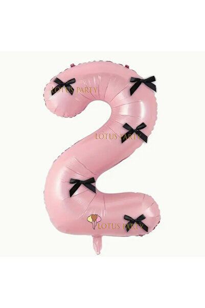 LOTUS PARTY بالون أرقام وردي مع شريط أسود - بالون أرقام وردي مع فيونكة سوداء لعمر عامين
