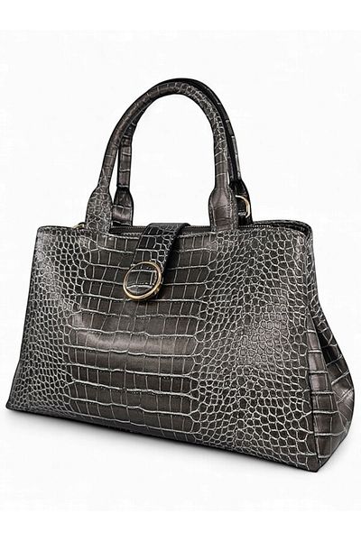 Evident Platinum Croco Patterned Tote Hand and Shoulder Women's Bag with Three Separate Zipper Compartments